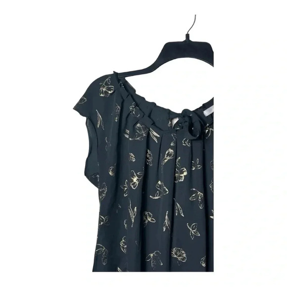 1452. LAUREN CONRAD SHORT CAP SLEEVE BLOUSE GRAY/METALLIC GOLD COLORS‎ FLORAL - Picture 3 of 9